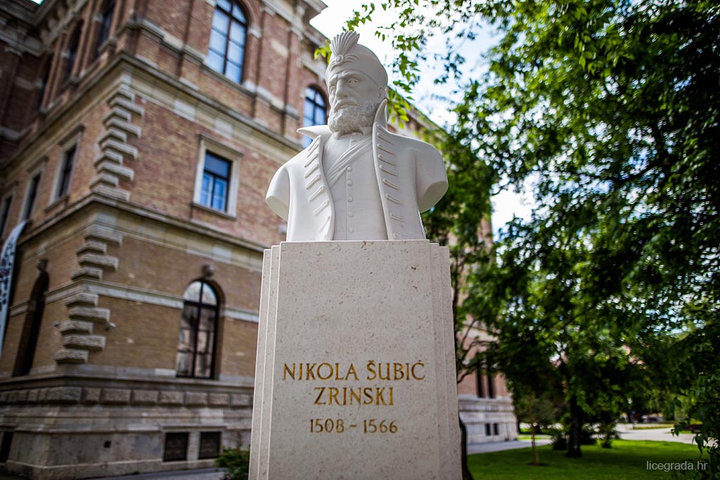 Zrinjevac, bista Nikole Šubića Zrinskog. Pokraj zgrade HAZU na zelenom valu (zapadna strana)